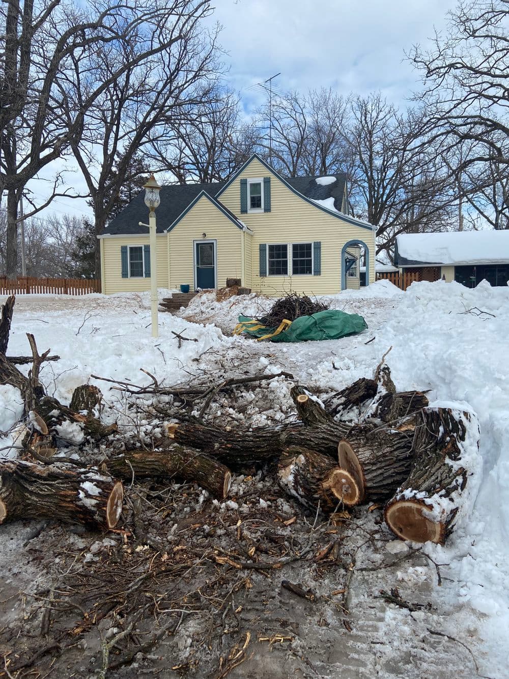 Snowy landscape with a yellow house, piles of cut logs, and a green tarp outdoors.