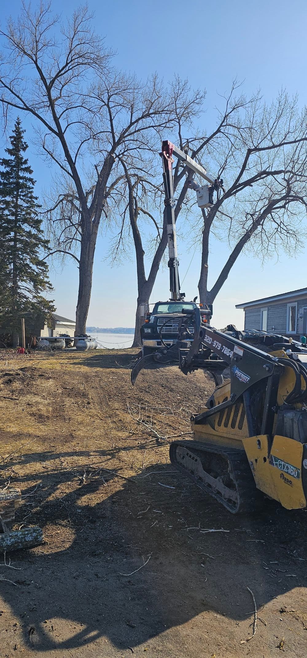 Tree removal equipment lifting branches near a lake with clear blue skies.