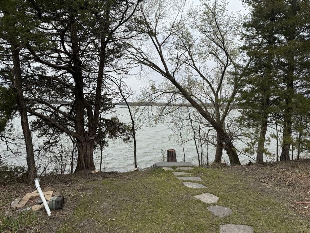 Lakeside pathway with steps leading to tranquil water and trees in early spring.