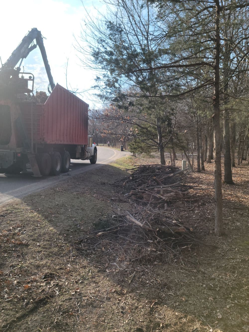 Truck collecting fallen branches along a rural road with trees lining the sides.
